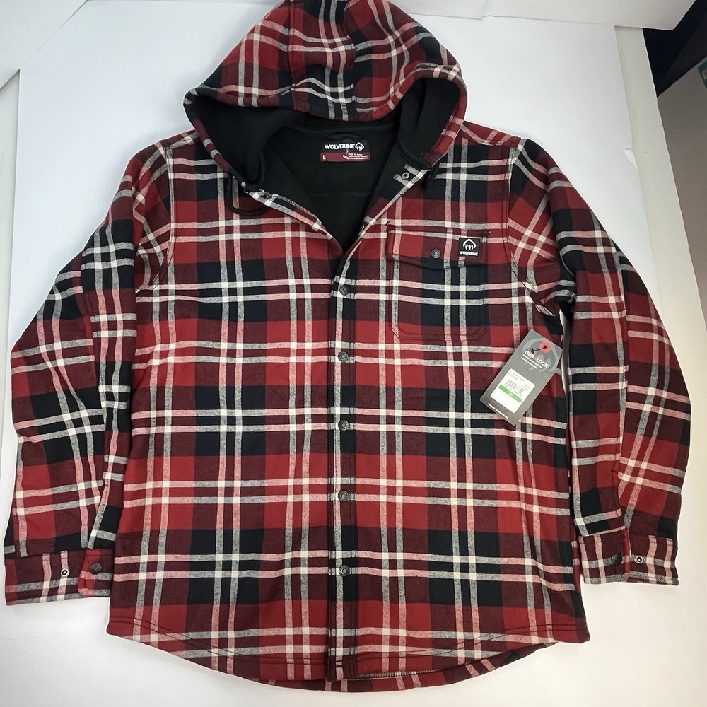 NEW Wolverine Bucksaw Flannel Men's Large Duralock Hooded Shirt Jacket Red Plaid